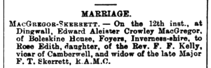 Aleister Crowley's marriage, Ross-Shire Journal, Scotland, Aug. 21, 1903