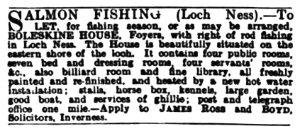 SALMON FISHING (Loch Ness). Advertisement, The Field, The Country Gentleman's Newspaper, Jan. 21, 1905 E.V.