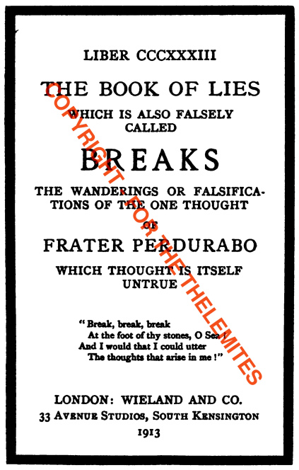 Front page of The Book of Lies, 1913 E.V.