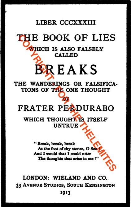 Front page of The Book of Lies, 1913 E.V.