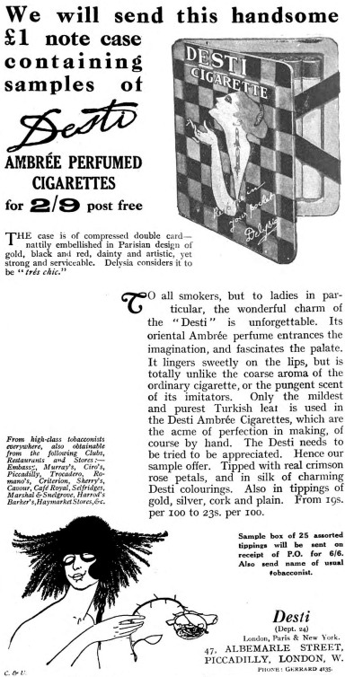 Advertisement for “Desti Ambrée Perfurmed Cigarettes” in The Sketch on February 2, 1921 E.V.