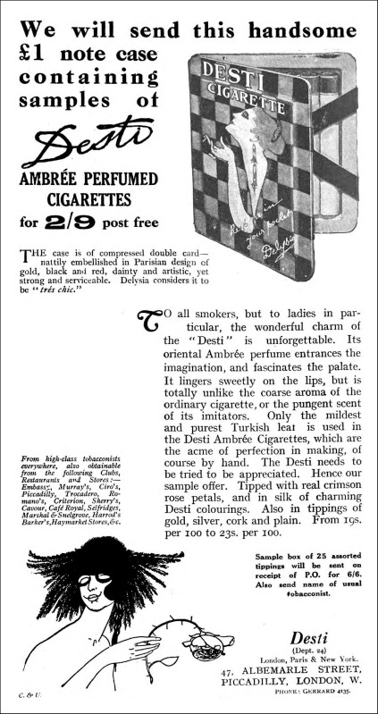 Advertisement for “Desti Ambrée Perfurmed Cigarettes” in The Sketch on February 2, 1921 E.V.