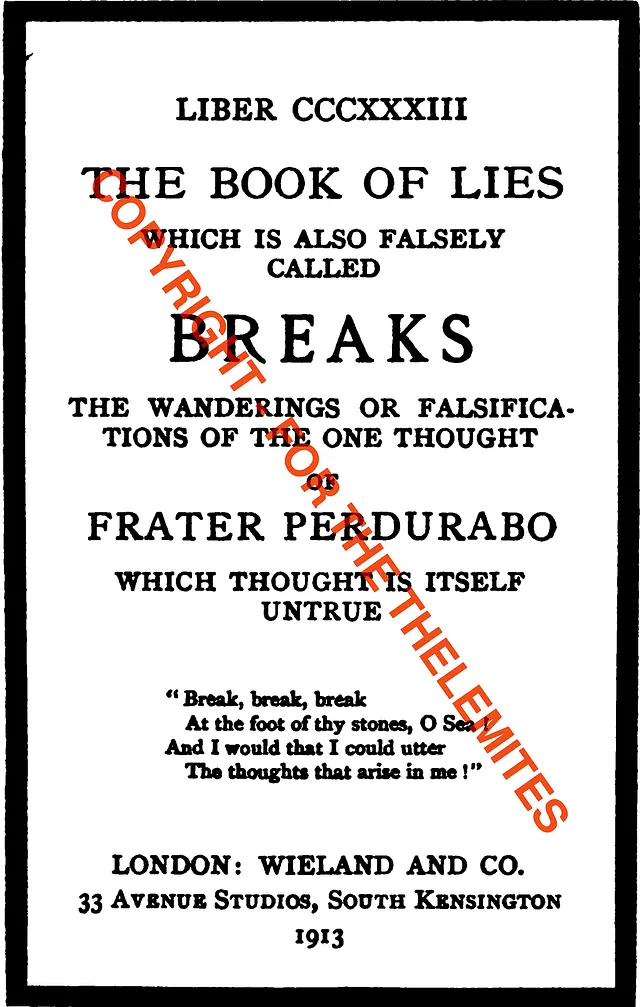 Front page of The Book of Lies, 1913 E.V.