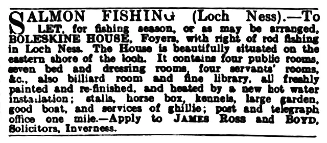 SALMON FISHING (Loch Ness). Advertisement, The Field, The Country Gentleman's Newspaper, Jan. 21, 1905 E.V.