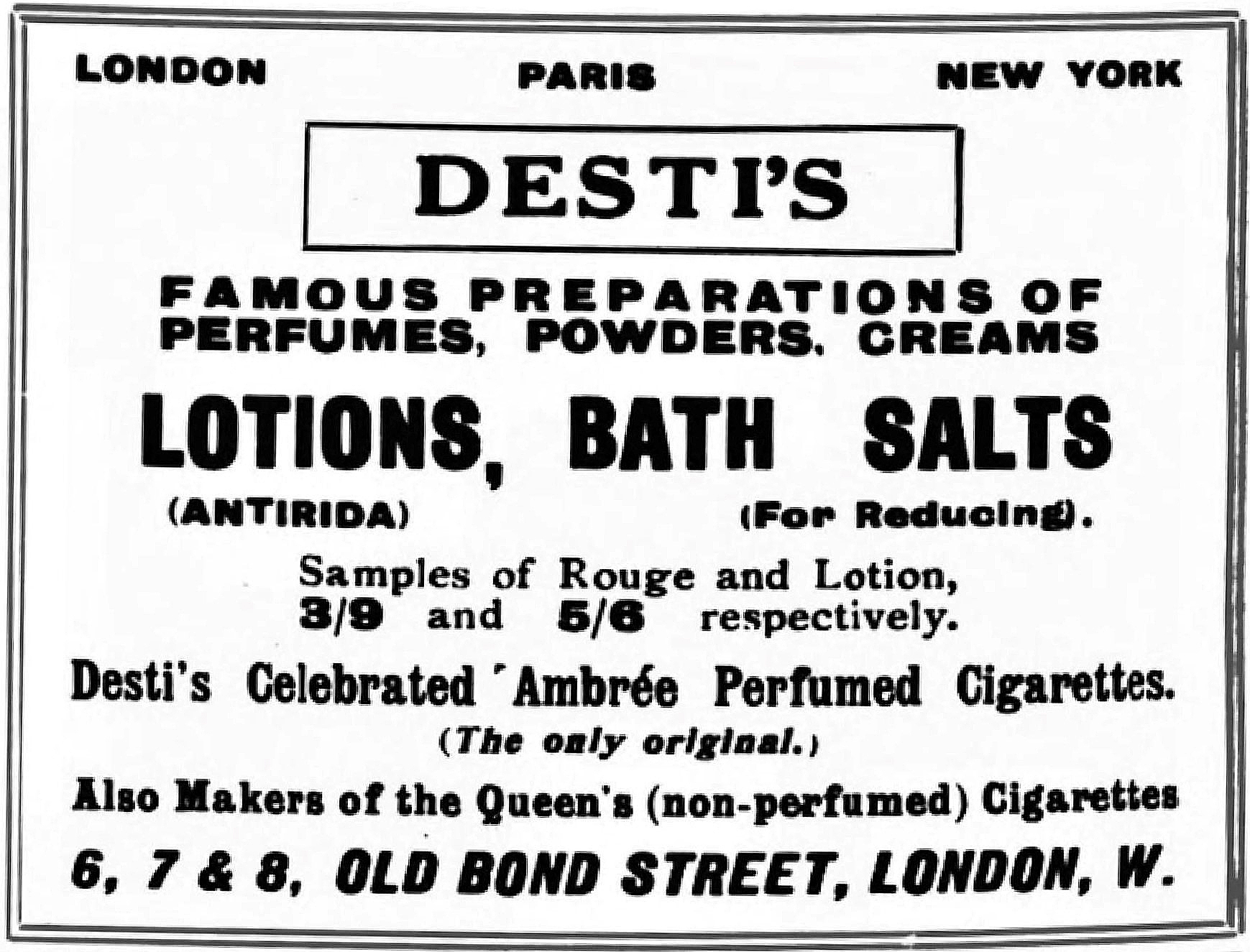 Advertisement for Desti’s in the British weekly illustrated paper Gentlewoman, April 10, 1920 E.V.