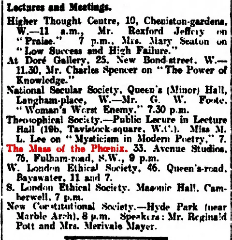 Daily Herald, February 1, 1913 E.V., Lectures and Meetings