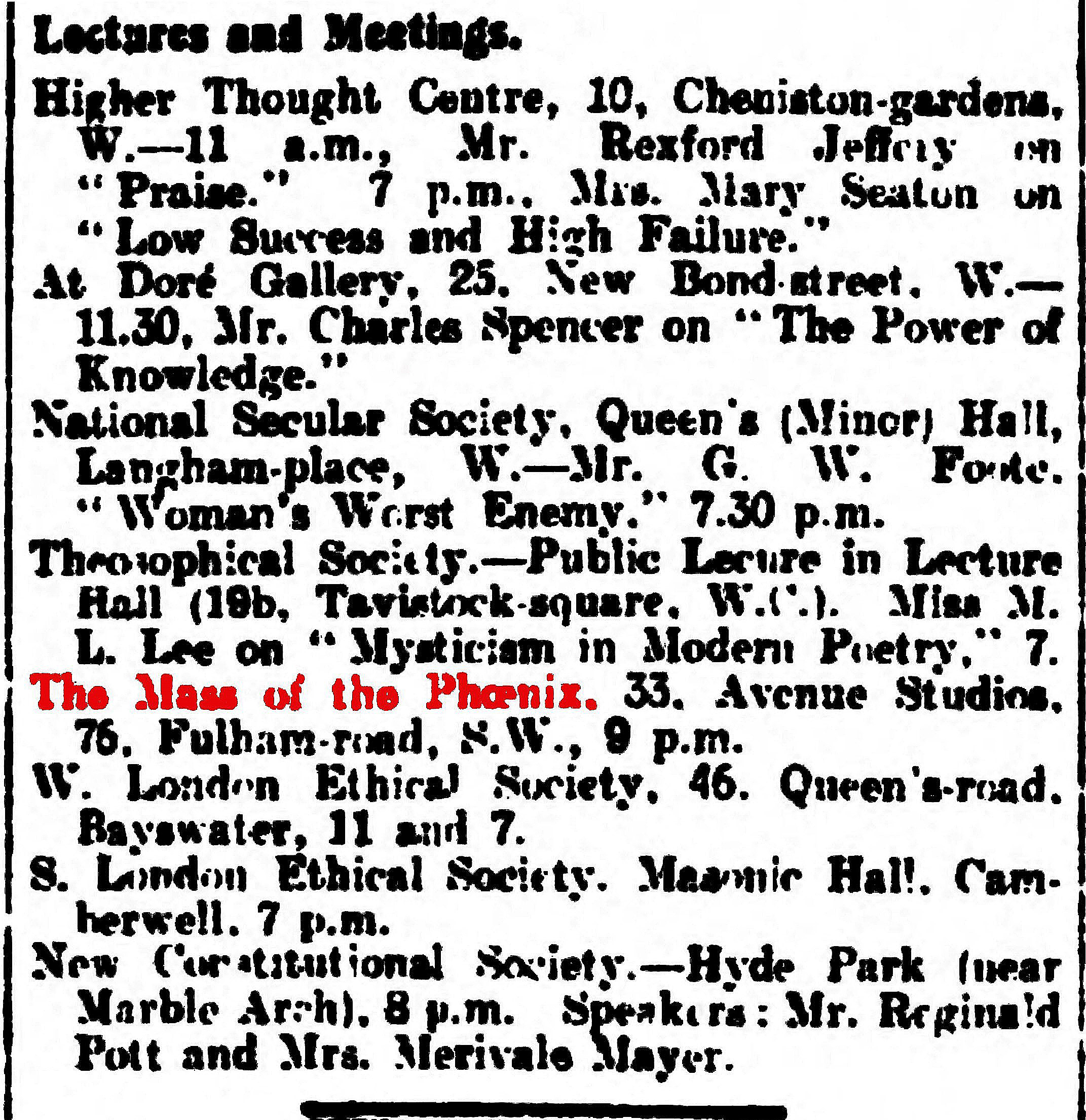 Daily Herald, February 1, 1913 E.V., Lectures and Meetings