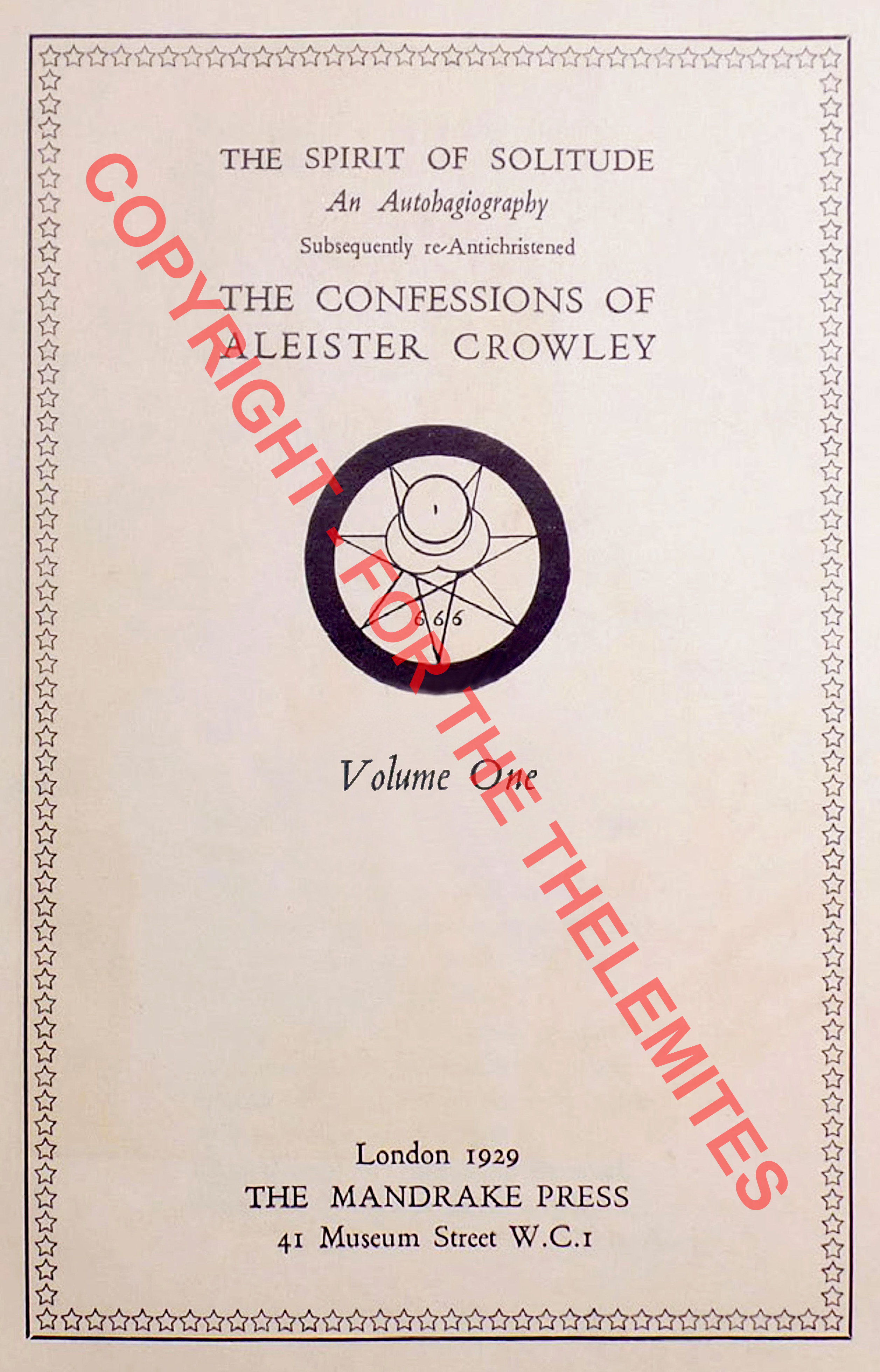 Confessions of Aleister Crowley, Vol. I., 1929 E.V., Title Page