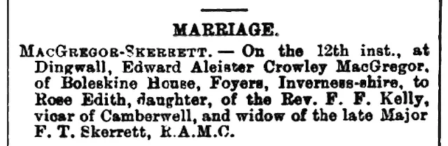 Aleister Crowley's marriage, Ross-Shire Journal, Scotland, Aug. 21, 1903